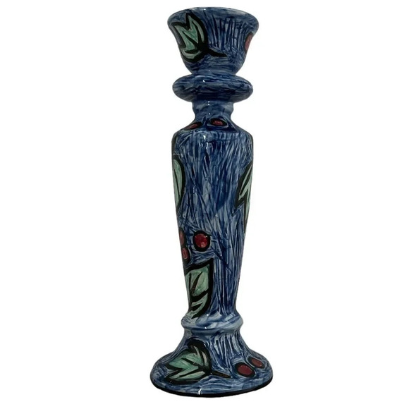 Evandale Porcelain Rare Blue Handpainted Picasso Look 10” Candle Holder - Picture 3 of 5